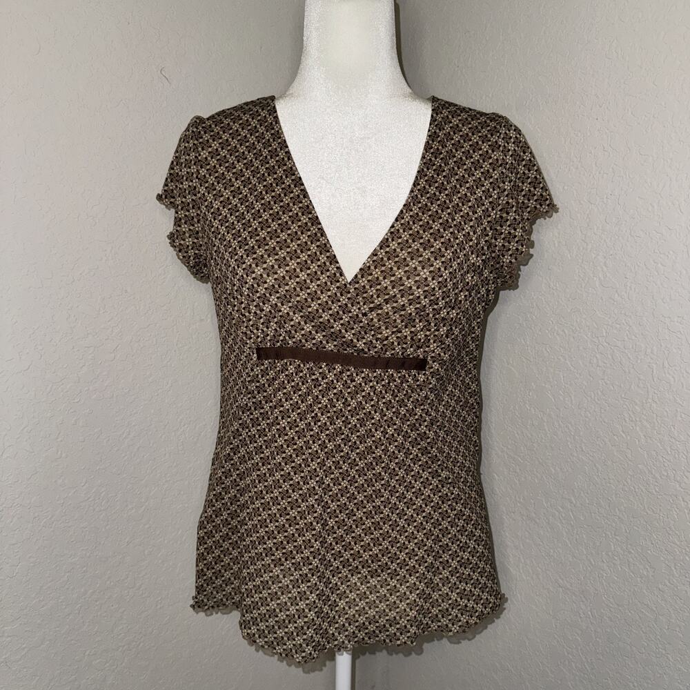 Y2K Axcess Liz Claiborne Blouse Top Women’s Large Brown Short Sleeve V-Neck